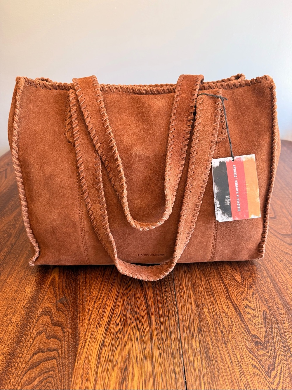 Gorgeous Large Suede Chestnut Tote with Whipstitch Shoulder Straps